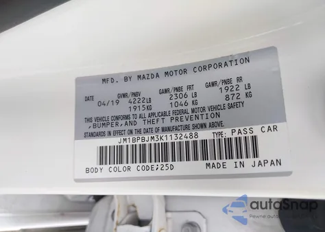 2019 Mazda Mazda3 из США, поврежденный, VIN JM1BPBJM3K1132488